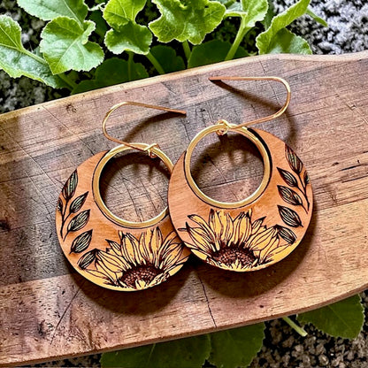 Sunflower Wood Dangle Earrings
