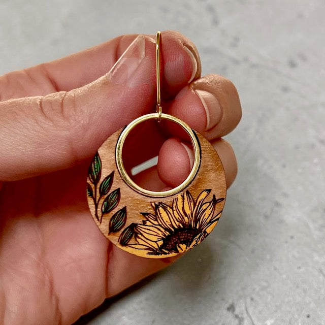 Sunflower Wood Dangle Earrings