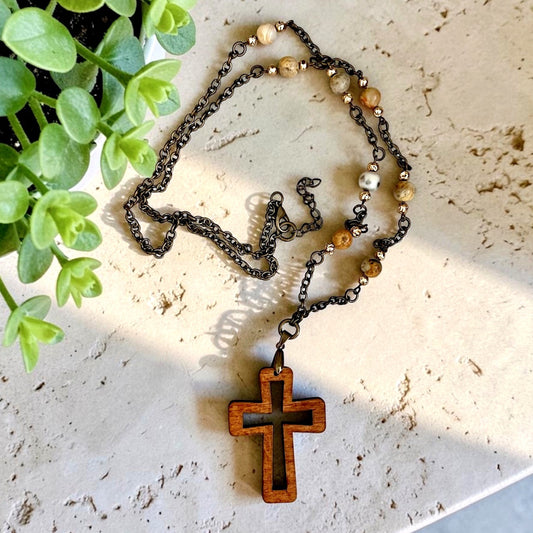 Cross Pendant and Agate Stone and Chain Link Necklace