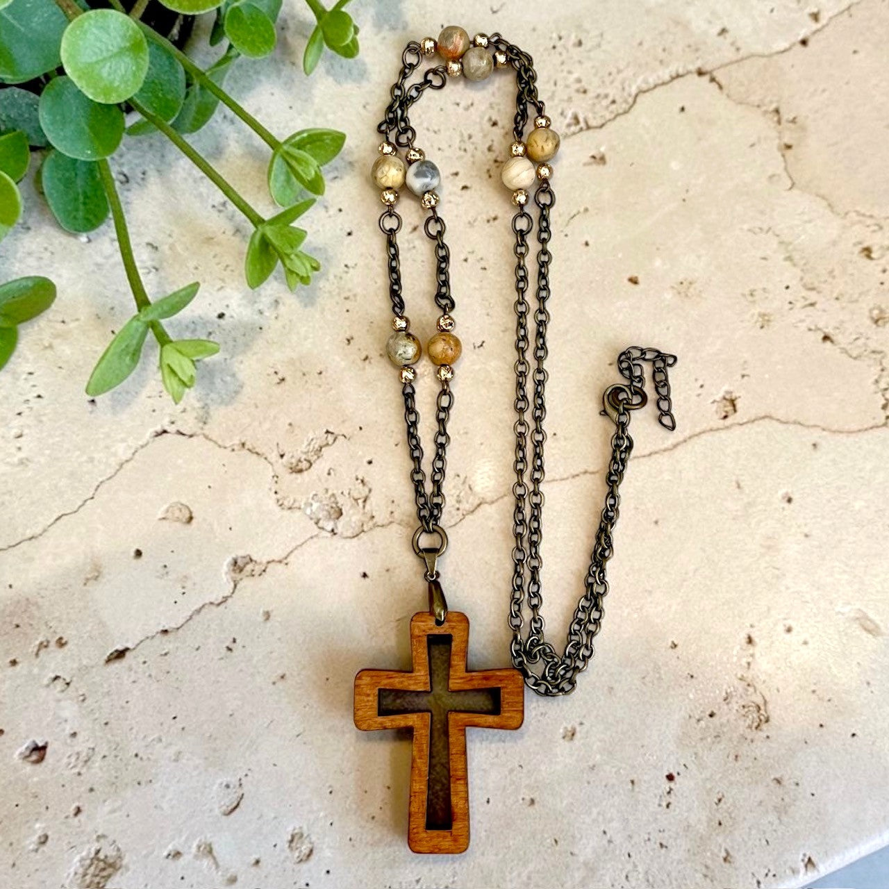 Cross Pendant and Agate Stone and Chain Link Necklace