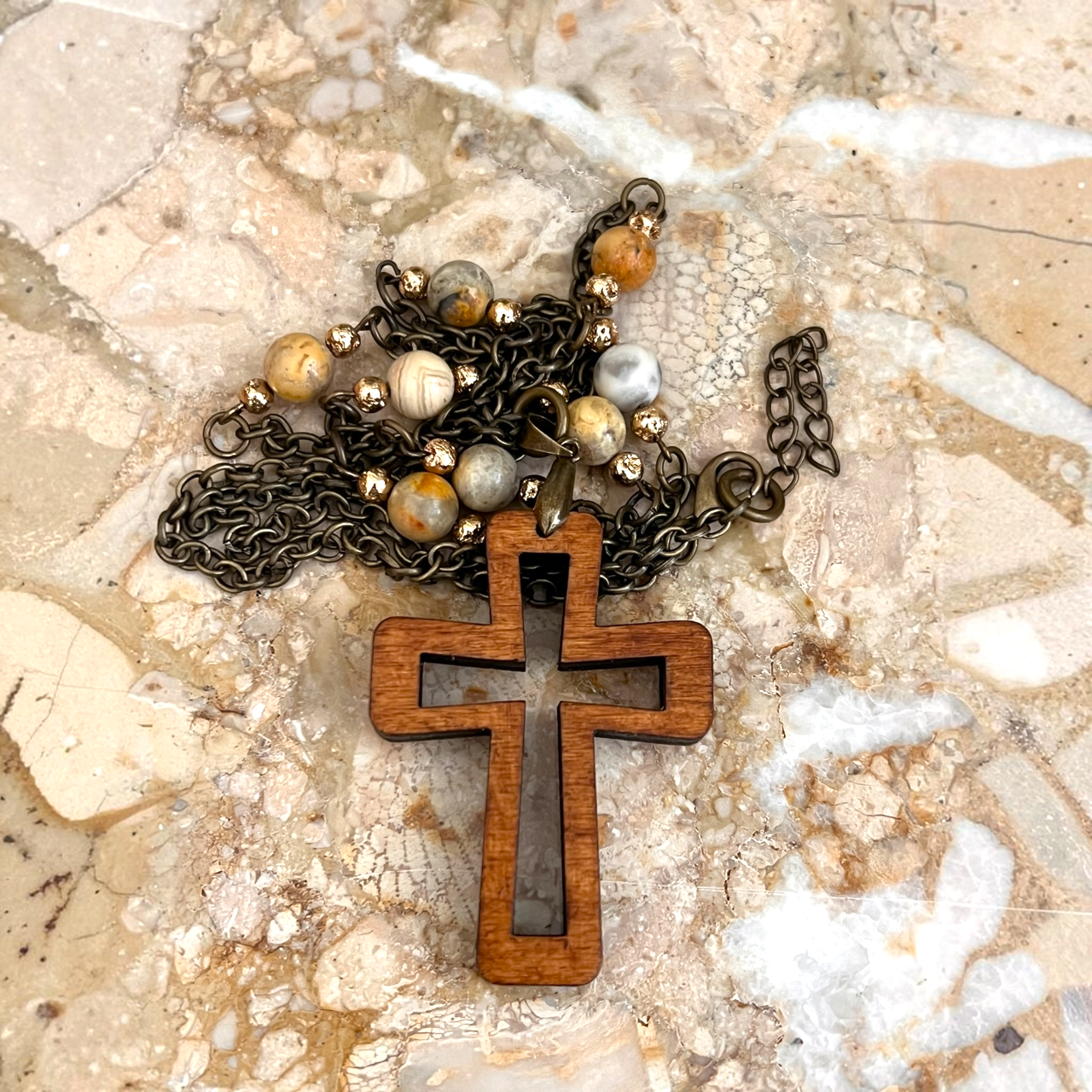 Cross Pendant and Agate Stone and Chain Link Necklace
