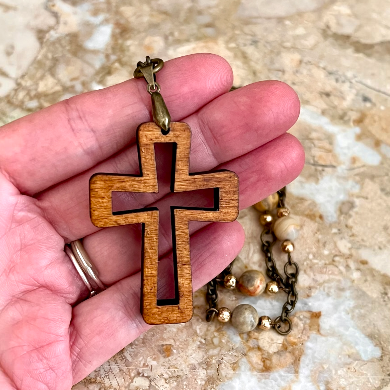 Cross Pendant and Agate Stone and Chain Link Necklace