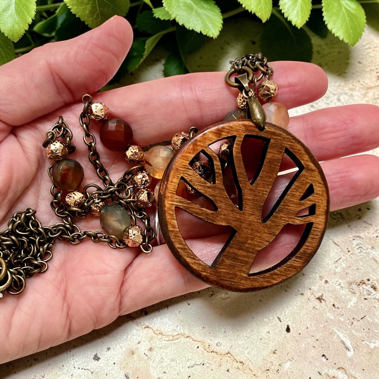 Tree of Life Agate Stone and Chain Link Necklace