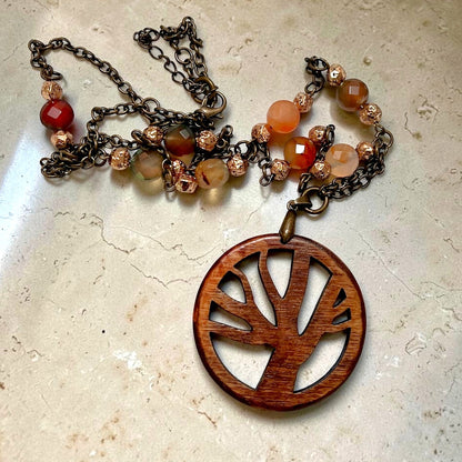 Tree of Life Agate Stone and Chain Link Necklace