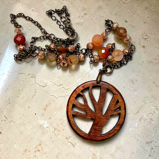 Tree of Life Agate Stone and Chain Link Necklace