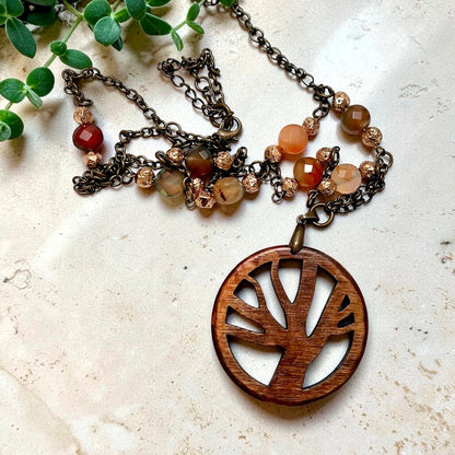 Tree of Life Agate Stone and Chain Link Necklace