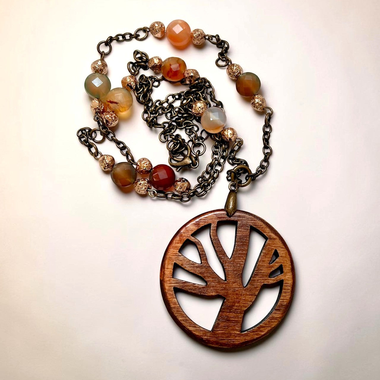 Tree of Life Agate Stone and Chain Link Necklace