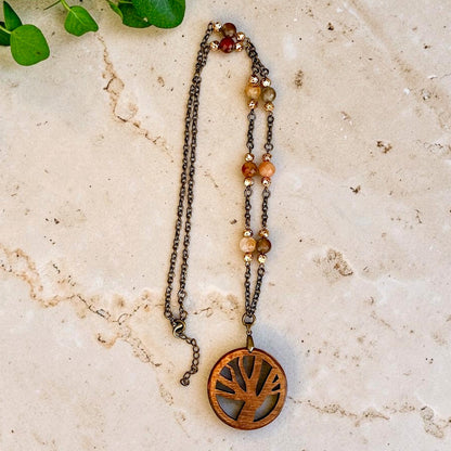 Tree of Life Agate Stone and Chain Link Necklace