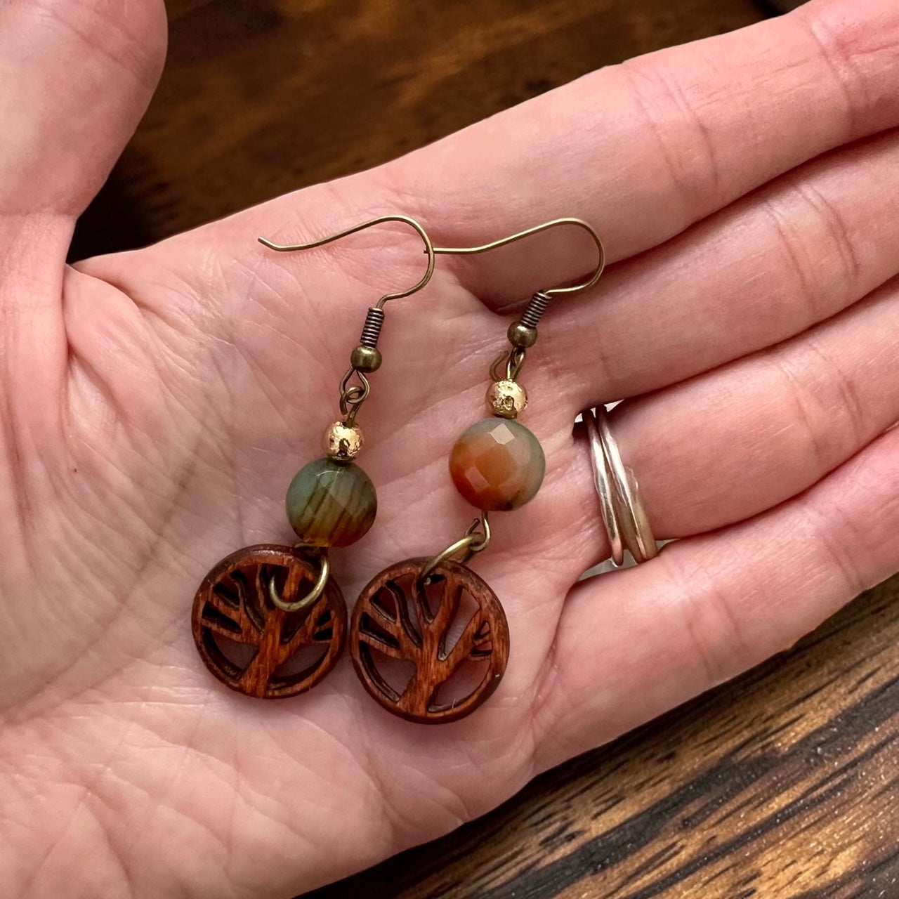 Tree of Life Wood and Agate Stone Earrings
