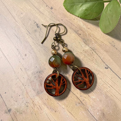 Tree of Life Wood and Agate Stone Earrings