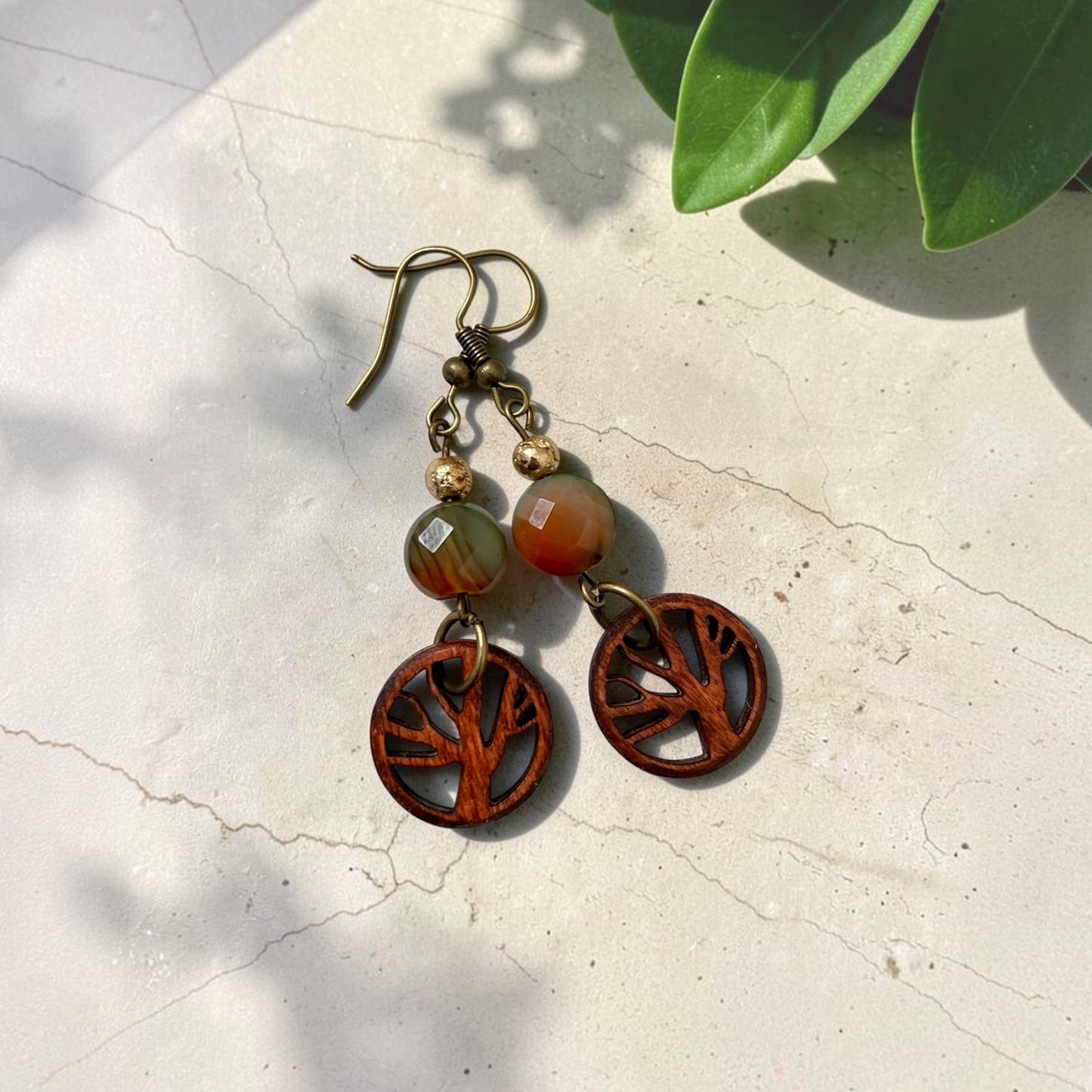 Tree of Life Wood and Agate Stone Earrings